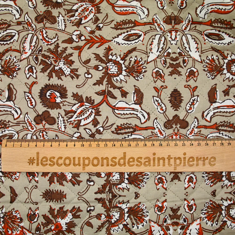 Coton matelassé double face cercle et fleurs marron au mètre - Image 3