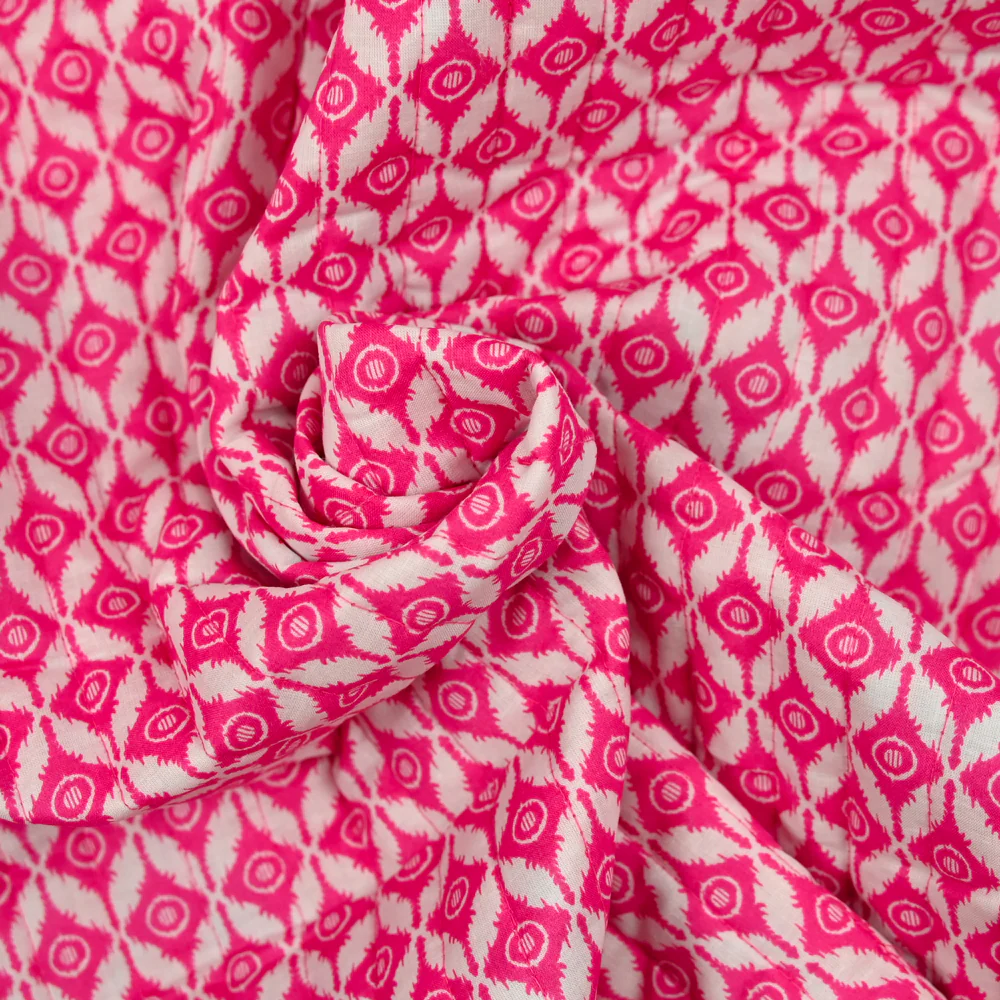 Coton matelassé double face fleurs fuchsia et vert au mètre - Image 2