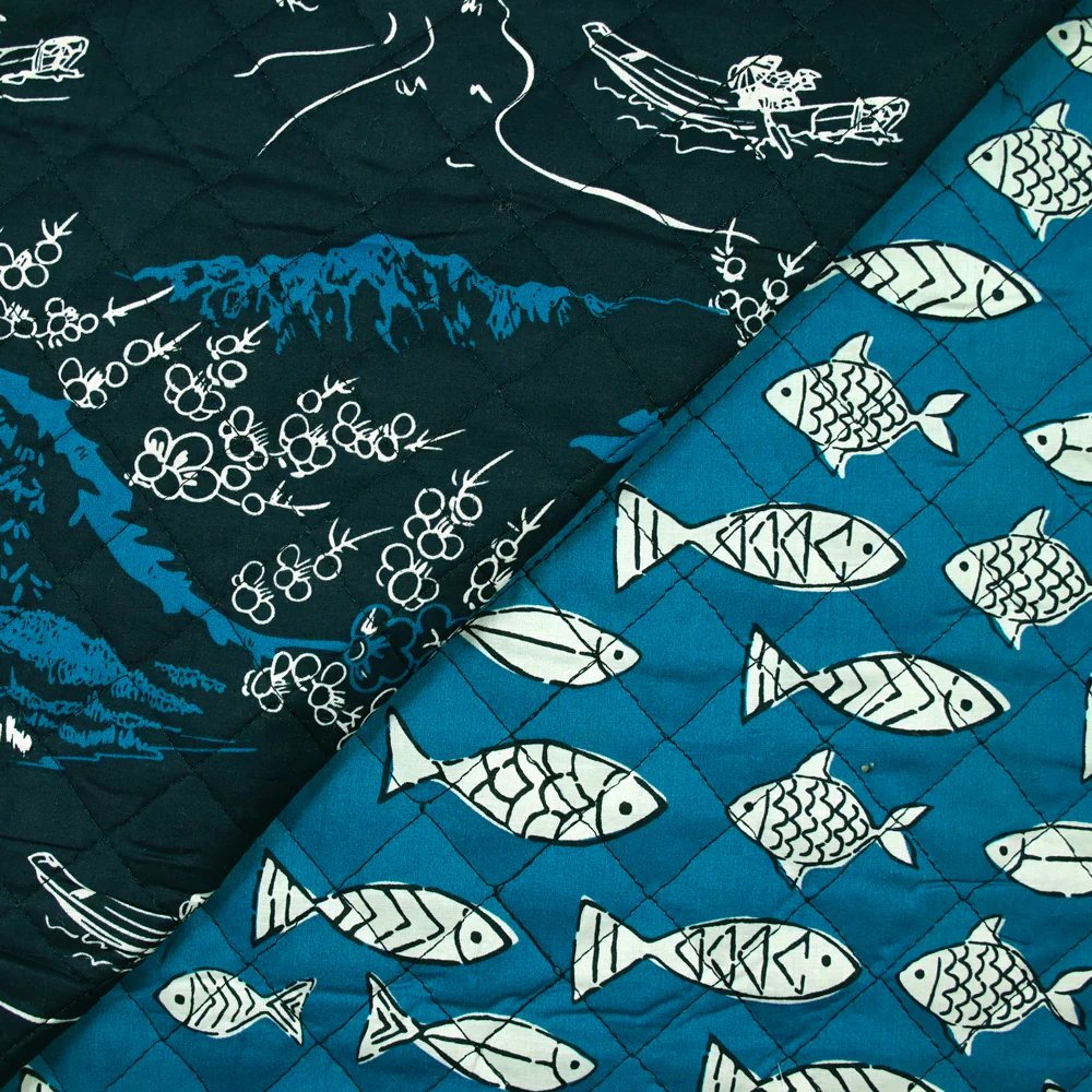 Coton matelassé double face poisson bleu et marine au mètre