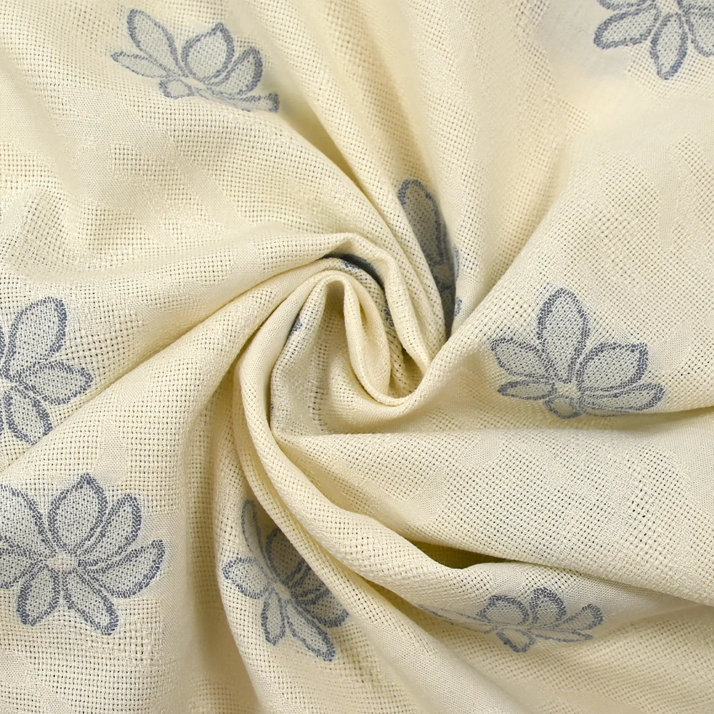 Coton tissé-teint jacquard Flora bleu fond écru - Image 2