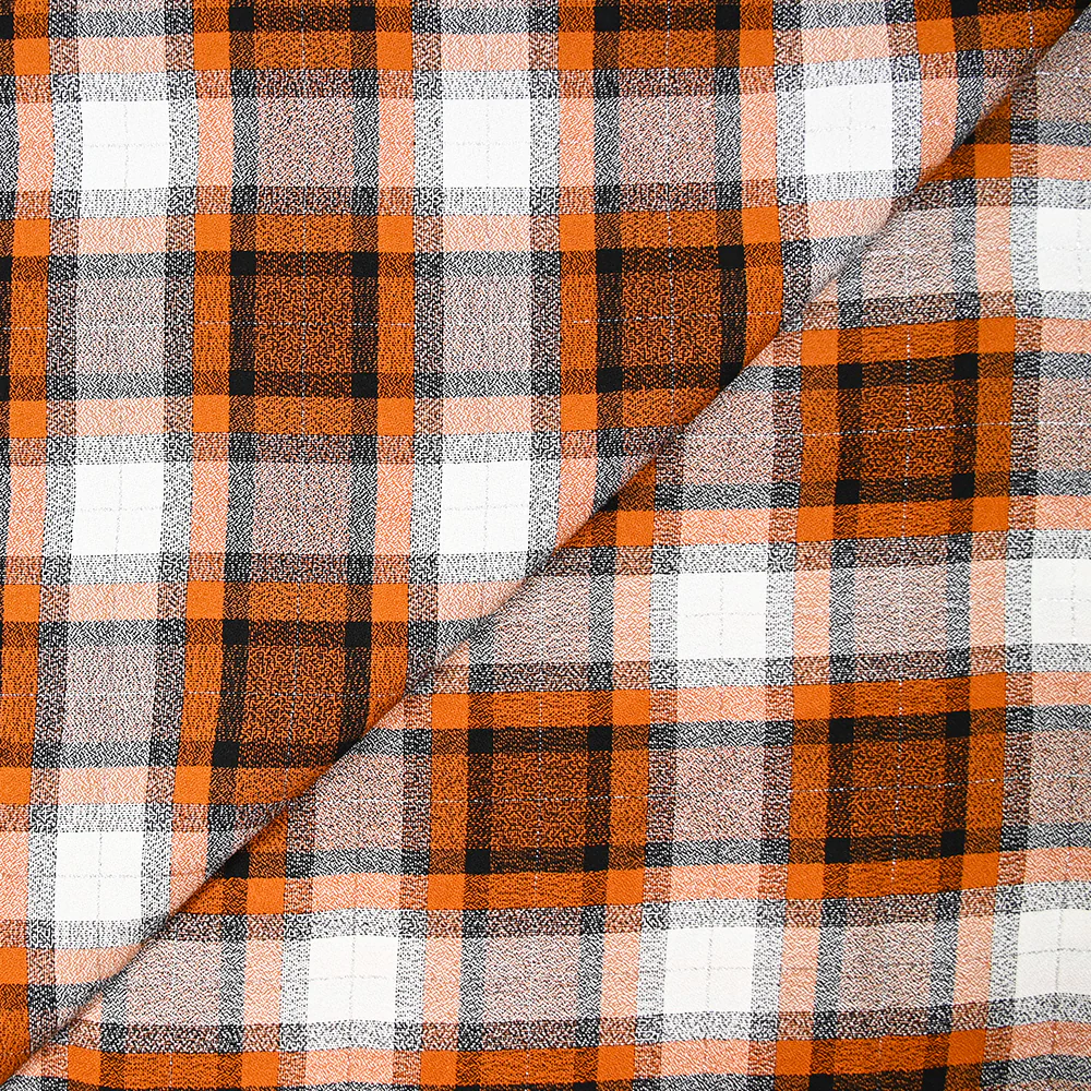 Crêpe polyviscose tissé teint carreaux blanc et orange brûlé