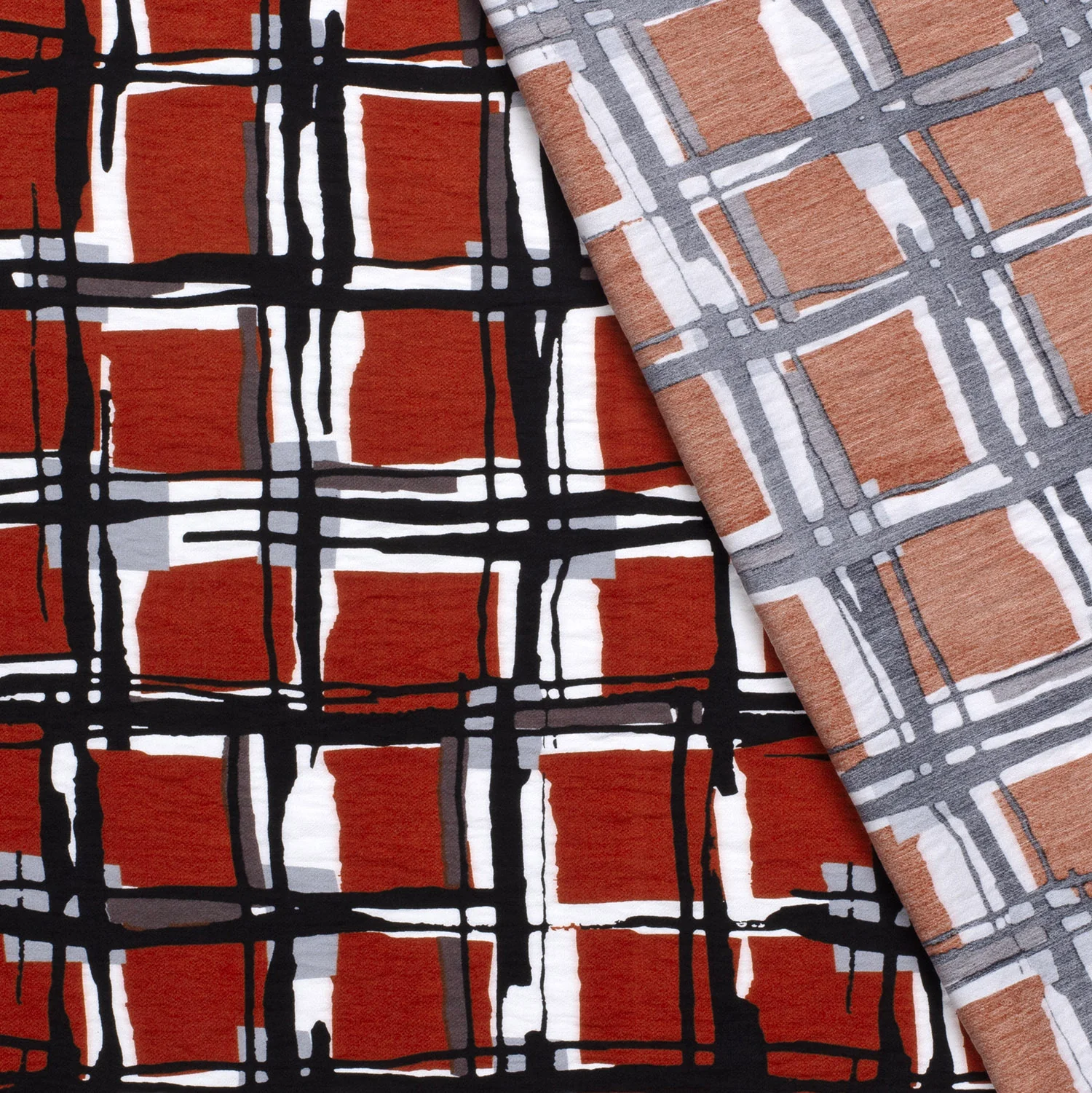Crêpe viscose imprimé à carreaux fond marron - Image 3