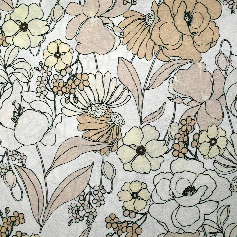 CrĂȘpe viscose imprimĂ© en chair et en fleurs fond blanc