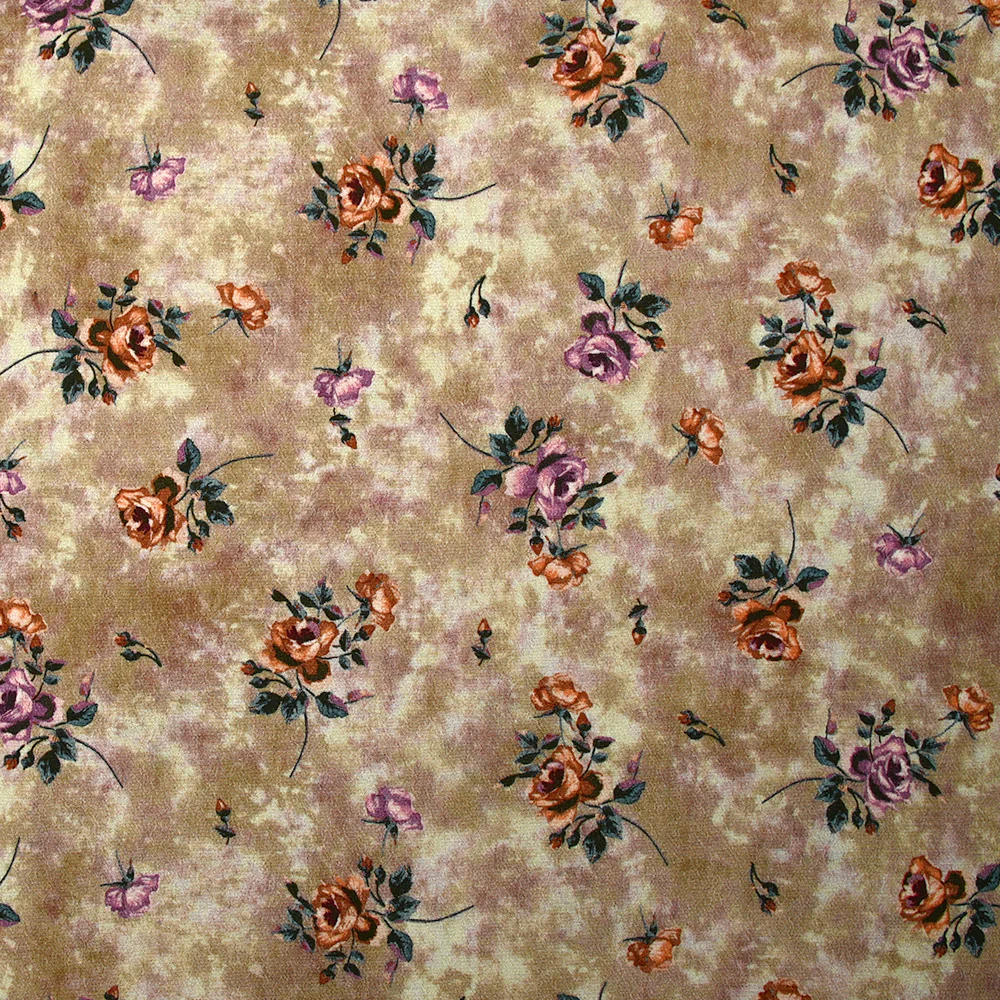 CrĂȘpe viscose imprimĂ© fleurs d'antan fond taupe brumeux