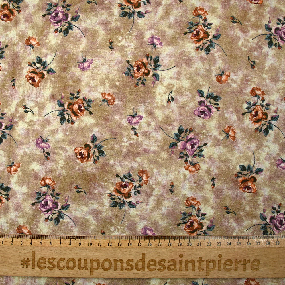 CrĂȘpe viscose imprimĂ© fleurs d'antan fond taupe brumeux - Image 3