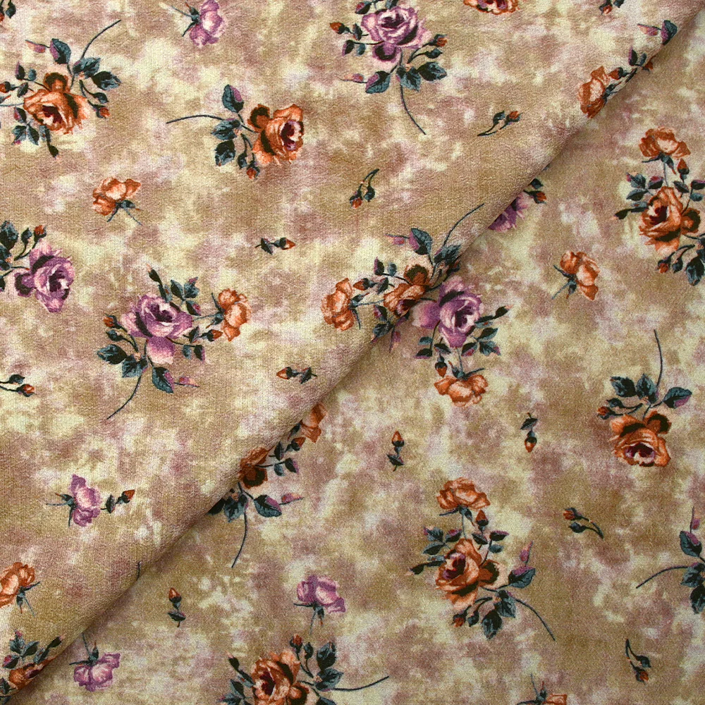 CrĂȘpe viscose imprimĂ© fleurs d'antan fond taupe brumeux - Image 4