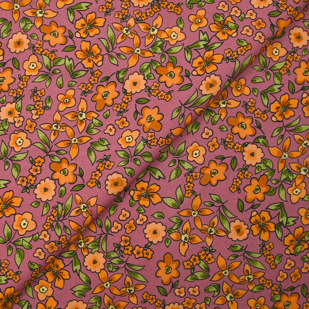 Crêpe viscose imprimé fleurs orange fond cassis glacé - Image 4