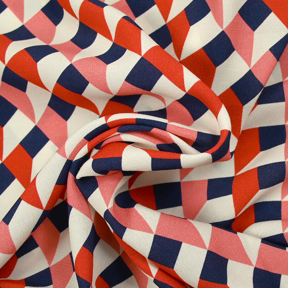 Crêpe viscose imprimé géométrie variable corail et marine fond écru - Image 2