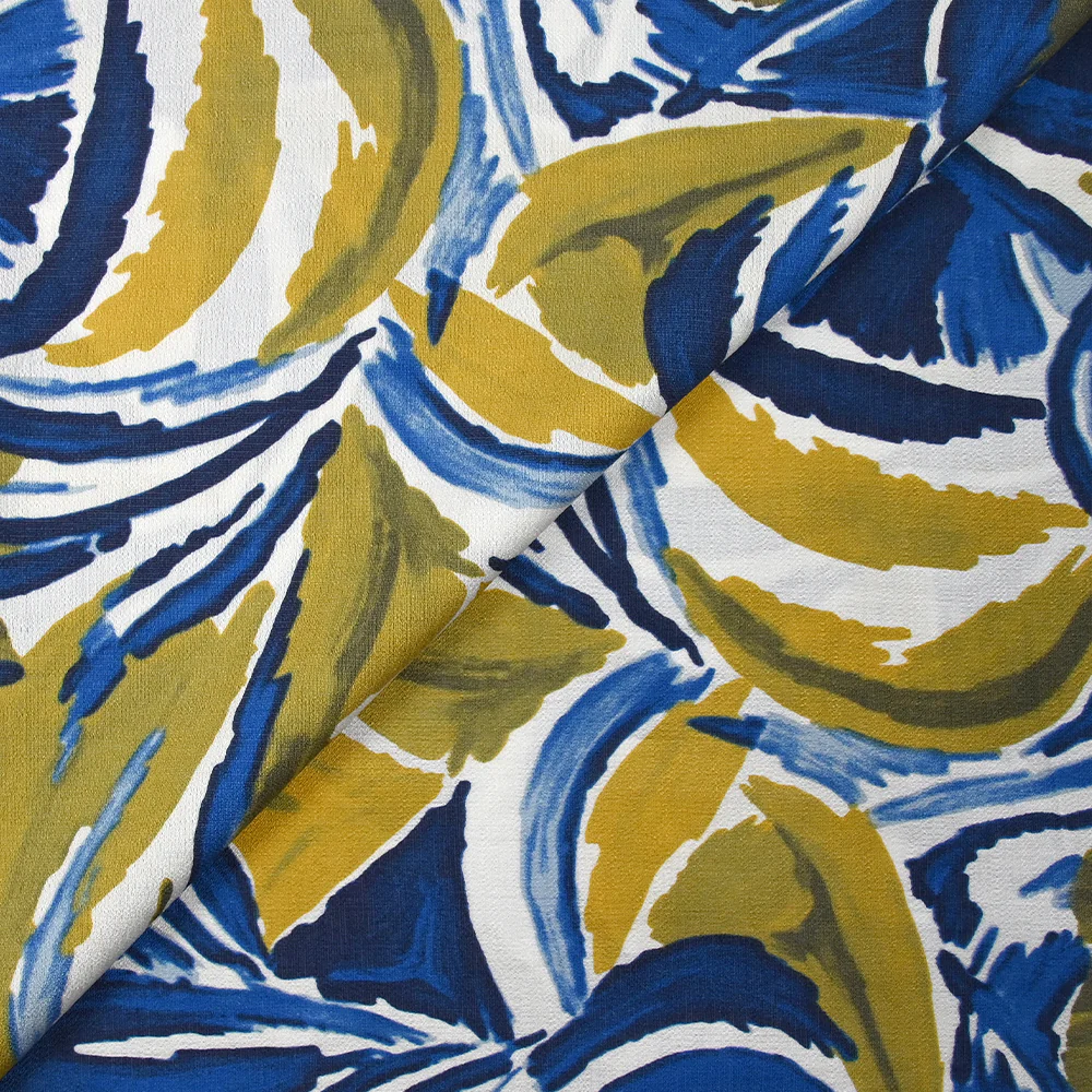 Crêpe viscose imprimé jungle anis et bleu fond blanc