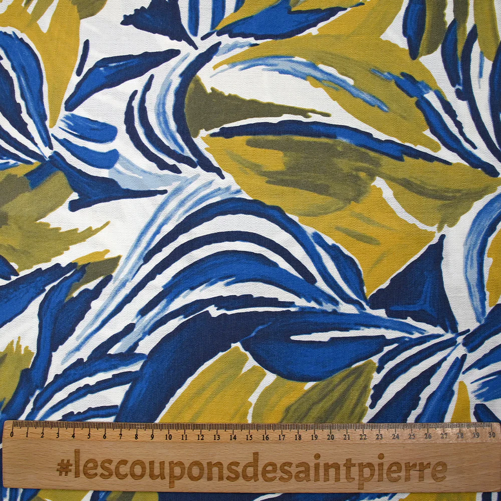 Crêpe viscose imprimé jungle anis et bleu fond blanc - Image 3
