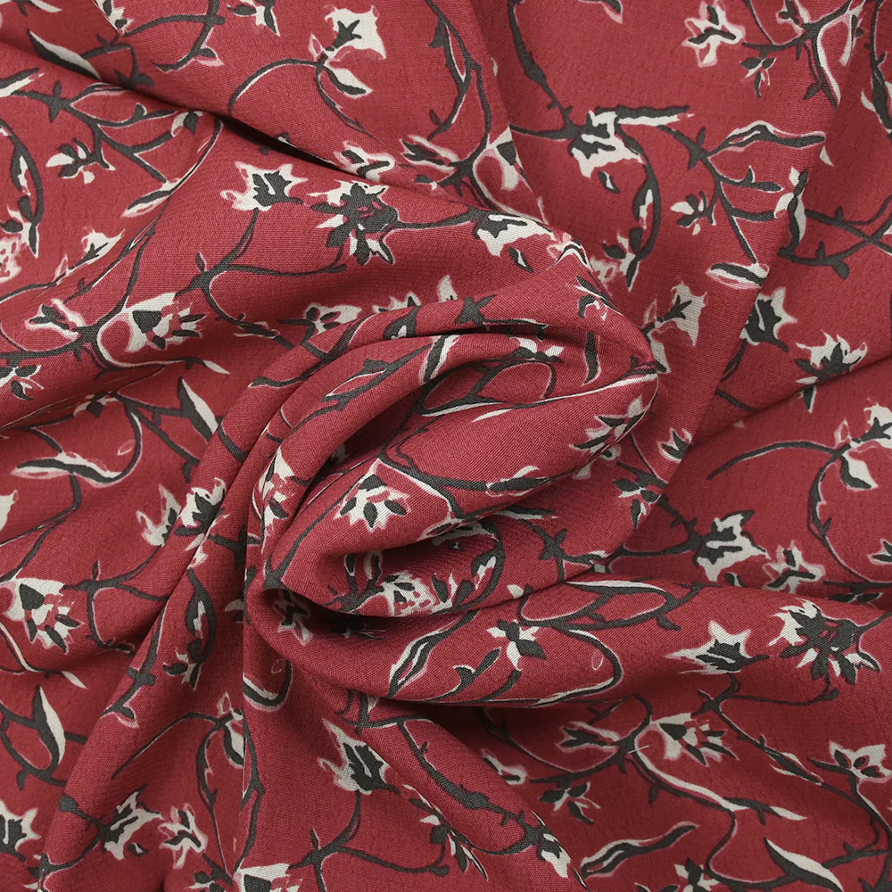 Crêpe viscose imprimé lien floral fond bordeaux - Image 2