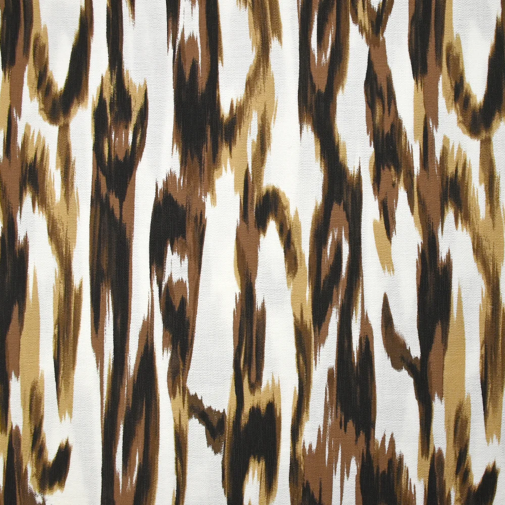 Crêpe viscose imprimé ondes abstraites marron fond blanc