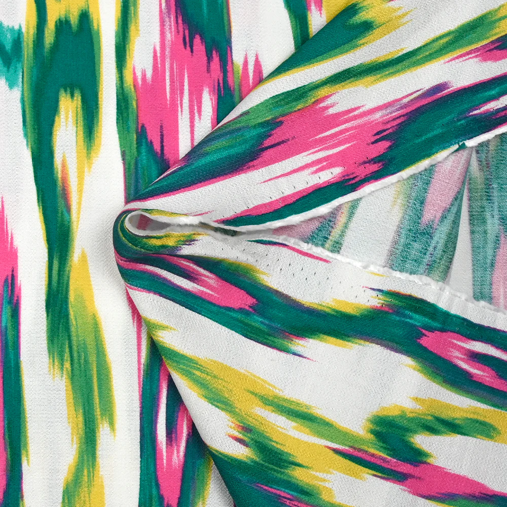 Crêpe viscose imprimé ondes abstraites turquoise et rose fond blanc - Image 5