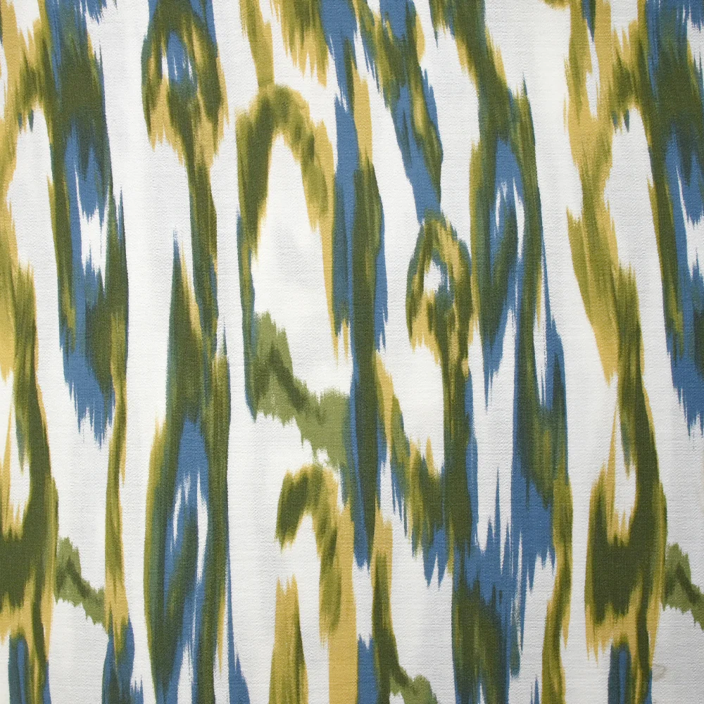 Crêpe viscose imprimé ondes abstraites vert et bleu fond blanc