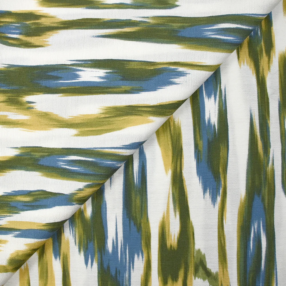 Crêpe viscose imprimé ondes abstraites vert et bleu fond blanc - Image 4