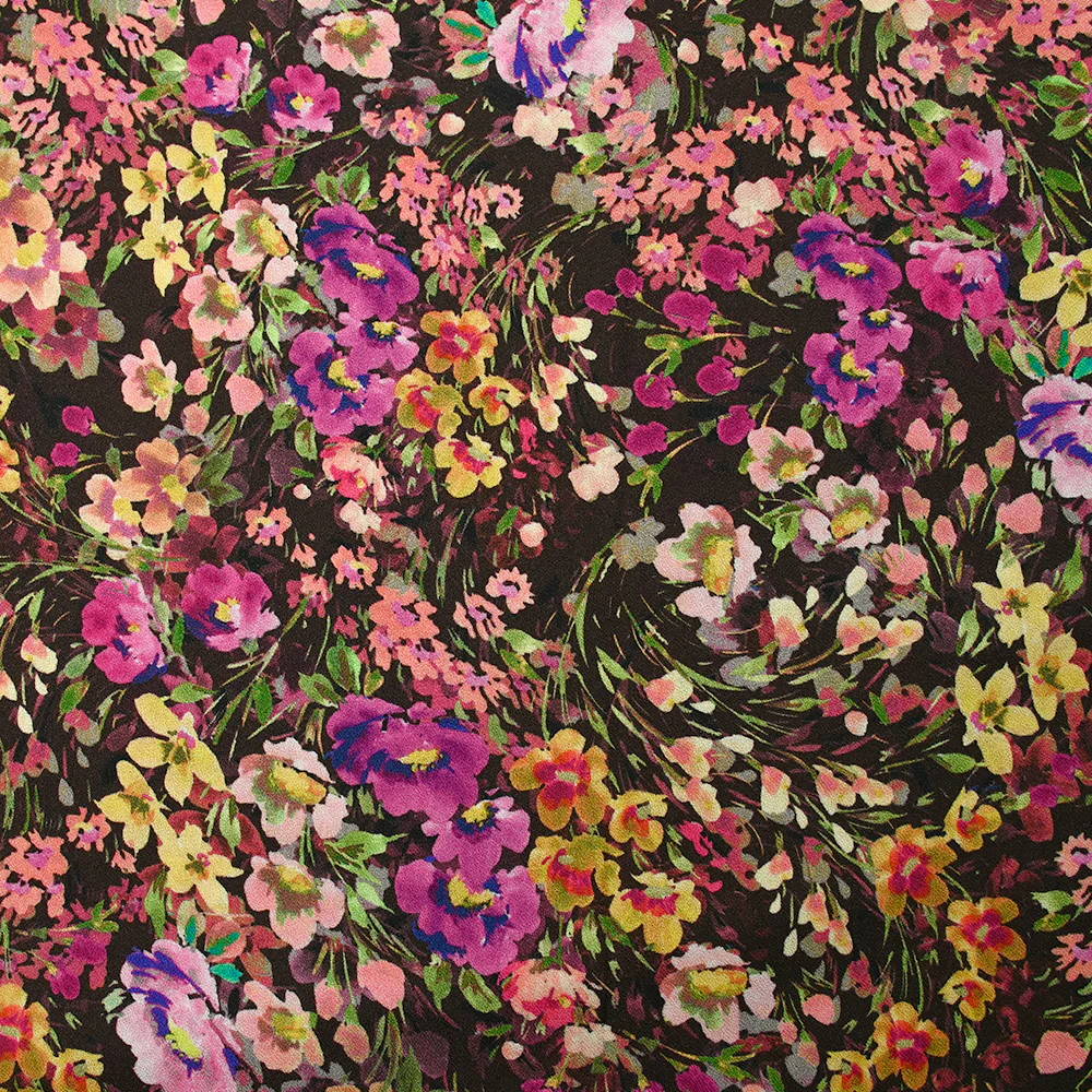 Crêpe viscose imprimé printemps en fleurs fond marron