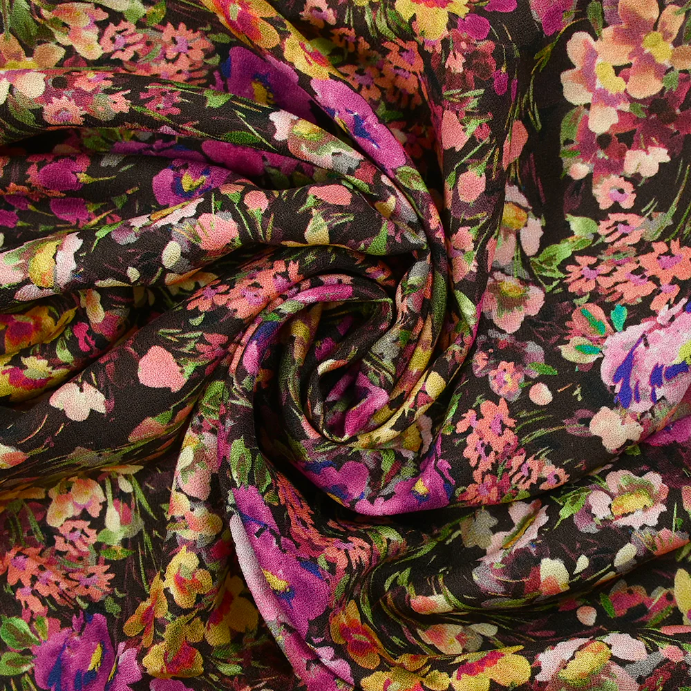 Crêpe viscose imprimé printemps en fleurs fond marron - Image 2