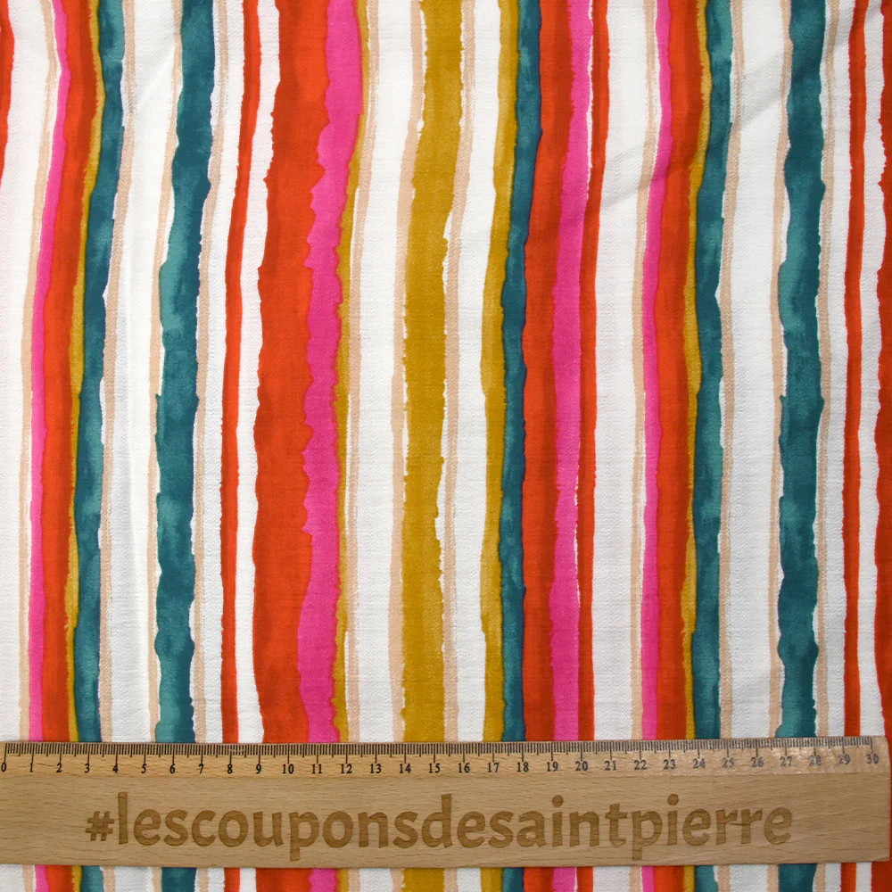 Crêpe viscose imprimé rayures en couleur fond blanc - Image 3