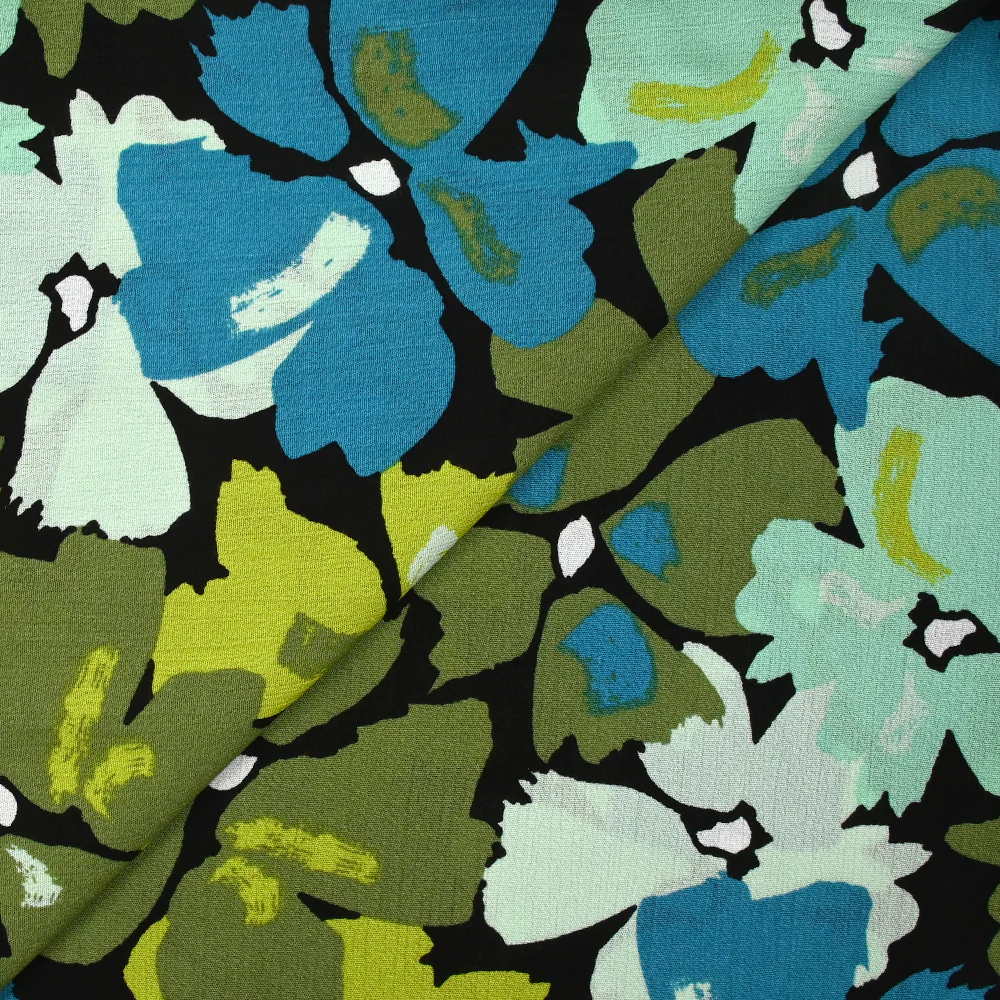 Crépon de viscose imprimé éclat de fleurs pétrole et anis fond noir - Image 4
