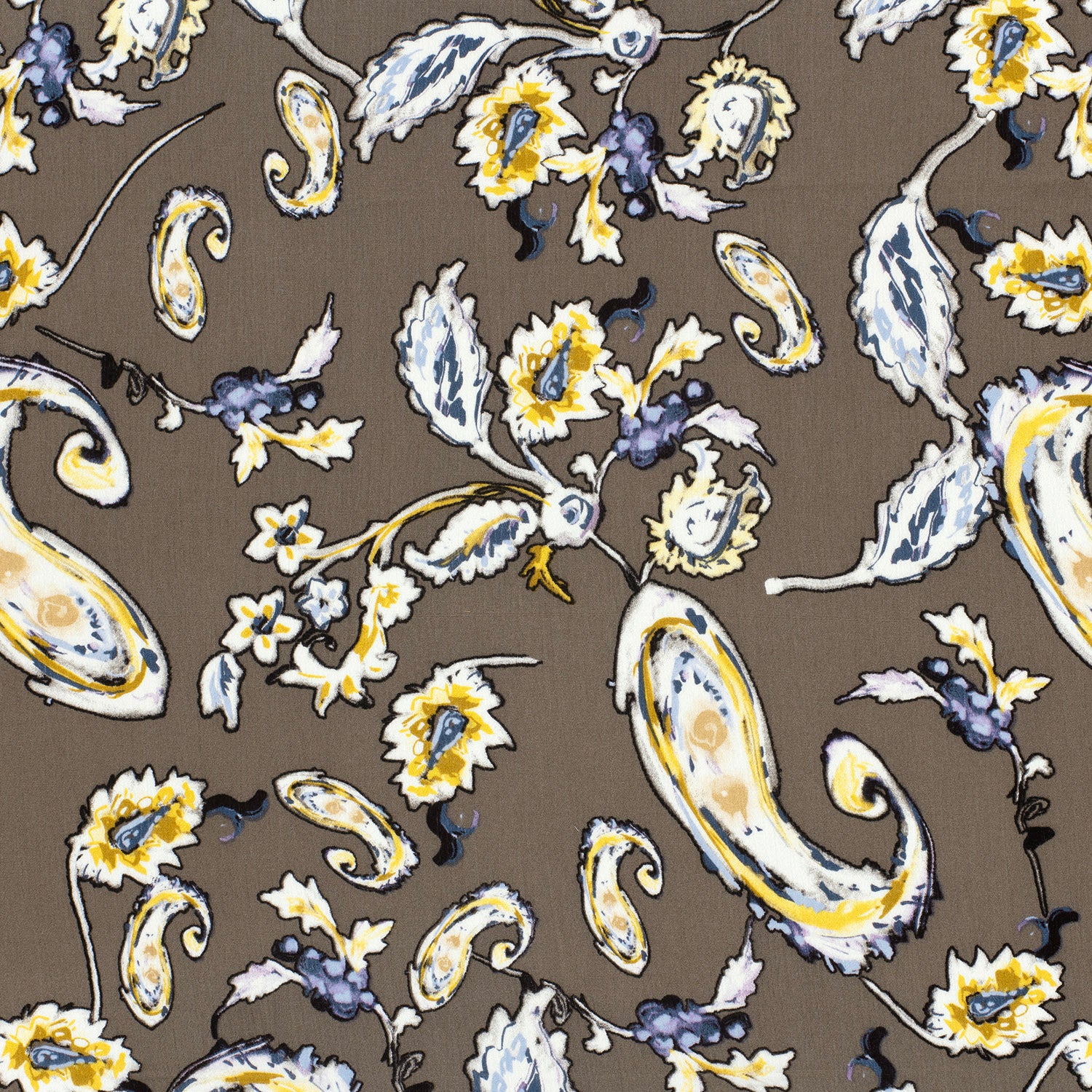 Crépon de viscose imprimé Paisley fond taupe
