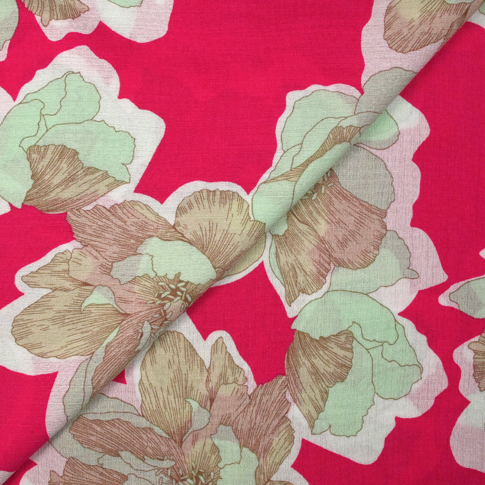 Crépon de viscose imprimé pivoine élégante fond framboise - Image 4