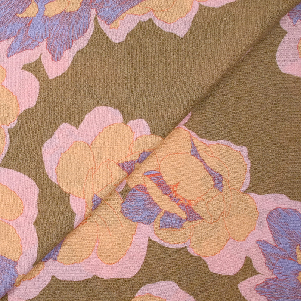 Crépon de viscose imprimé pivoine élégante fond taupe - Image 4