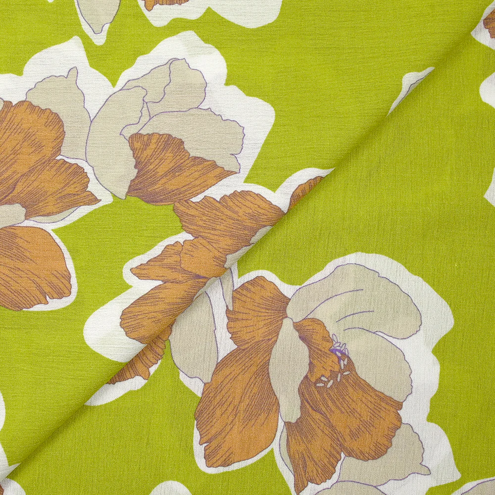 Crépon de viscose imprimé pivoine élégante fond vert anis - Image 4