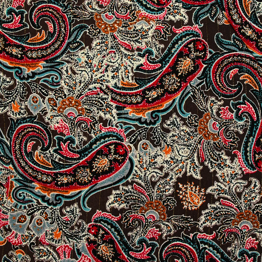 Crépon viscose lurex imprimé arabesque de fleurs fond marron foncé
