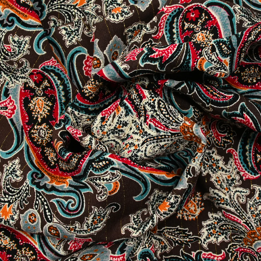 Crépon viscose lurex imprimé arabesque de fleurs fond marron foncé - Image 2