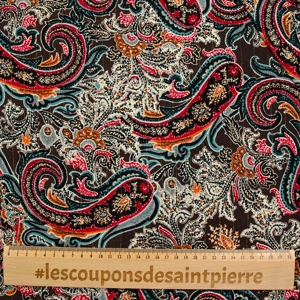 Crépon viscose lurex imprimé arabesque de fleurs fond marron foncé - Image 3