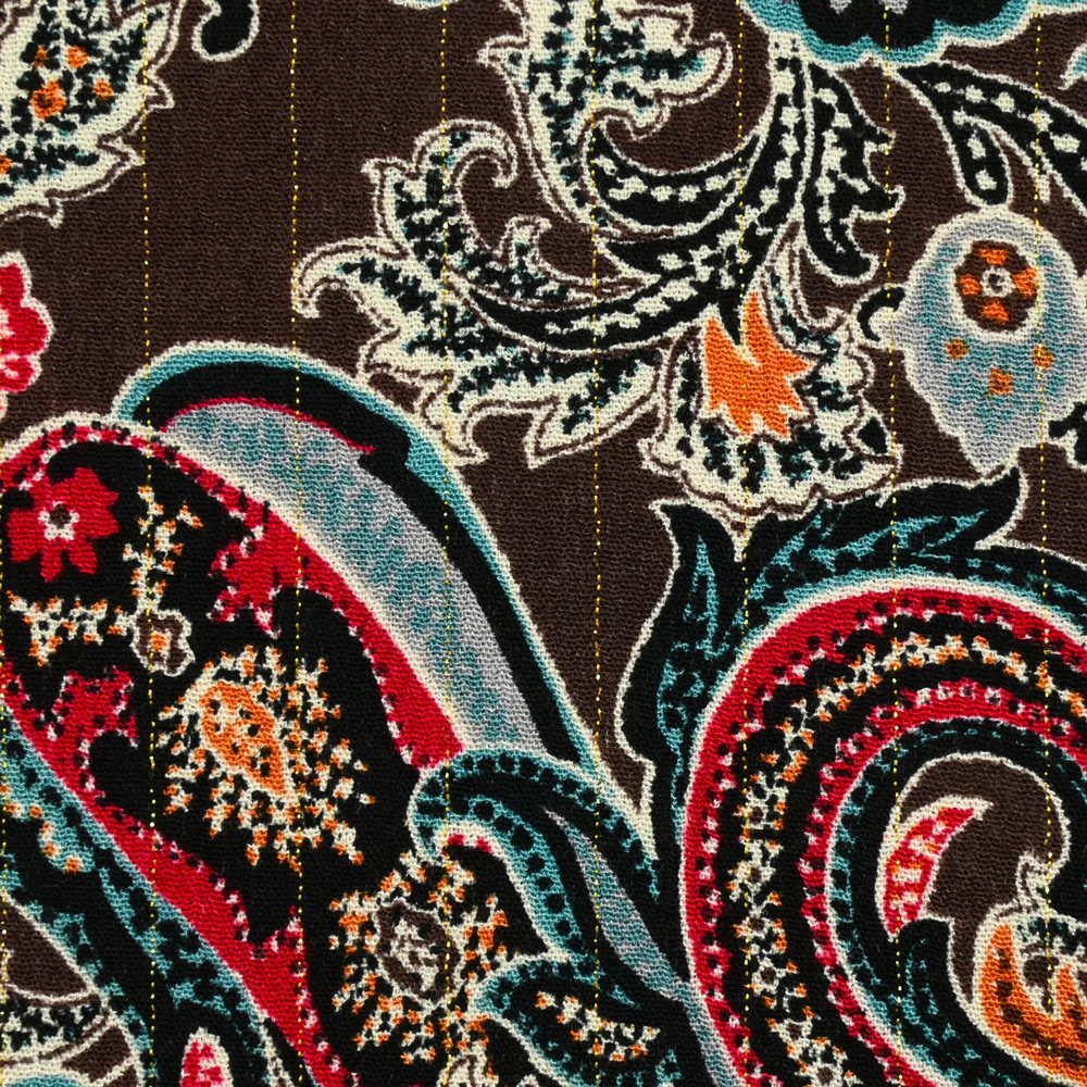 Crépon viscose lurex imprimé arabesque de fleurs fond marron foncé - Image 5
