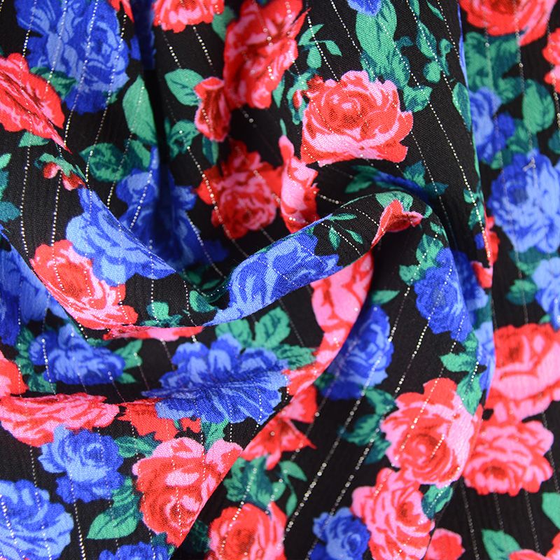 Crépon viscose lurex mes belles roses bleu fond noir - Image 2