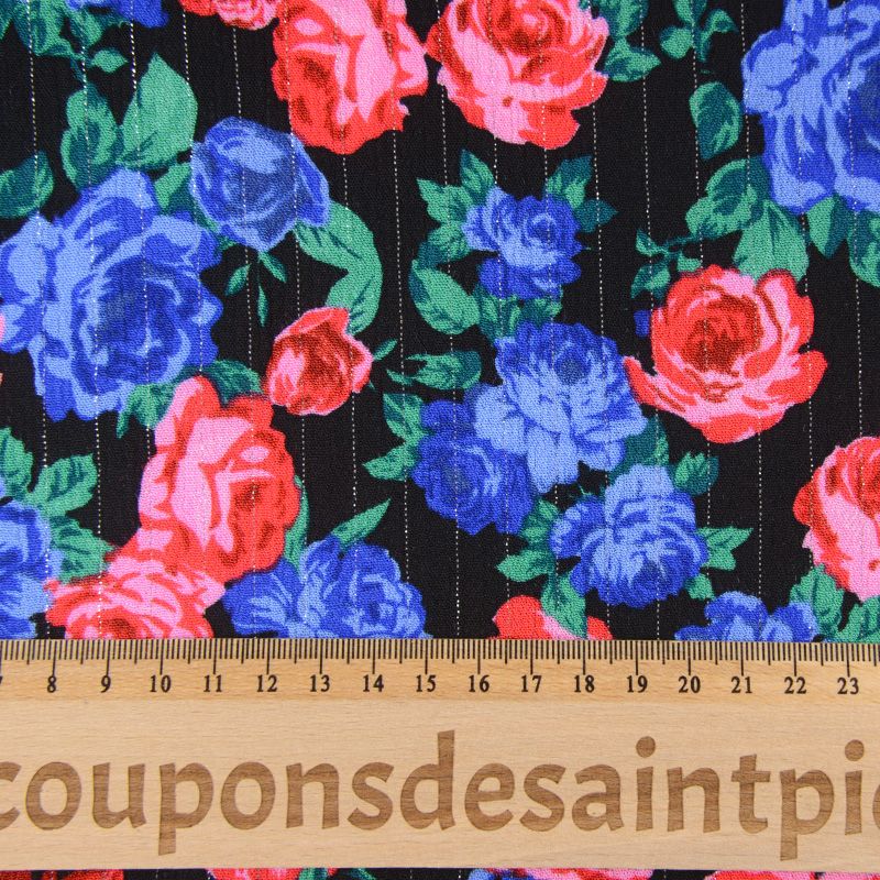 Crépon viscose lurex mes belles roses bleu fond noir - Image 3