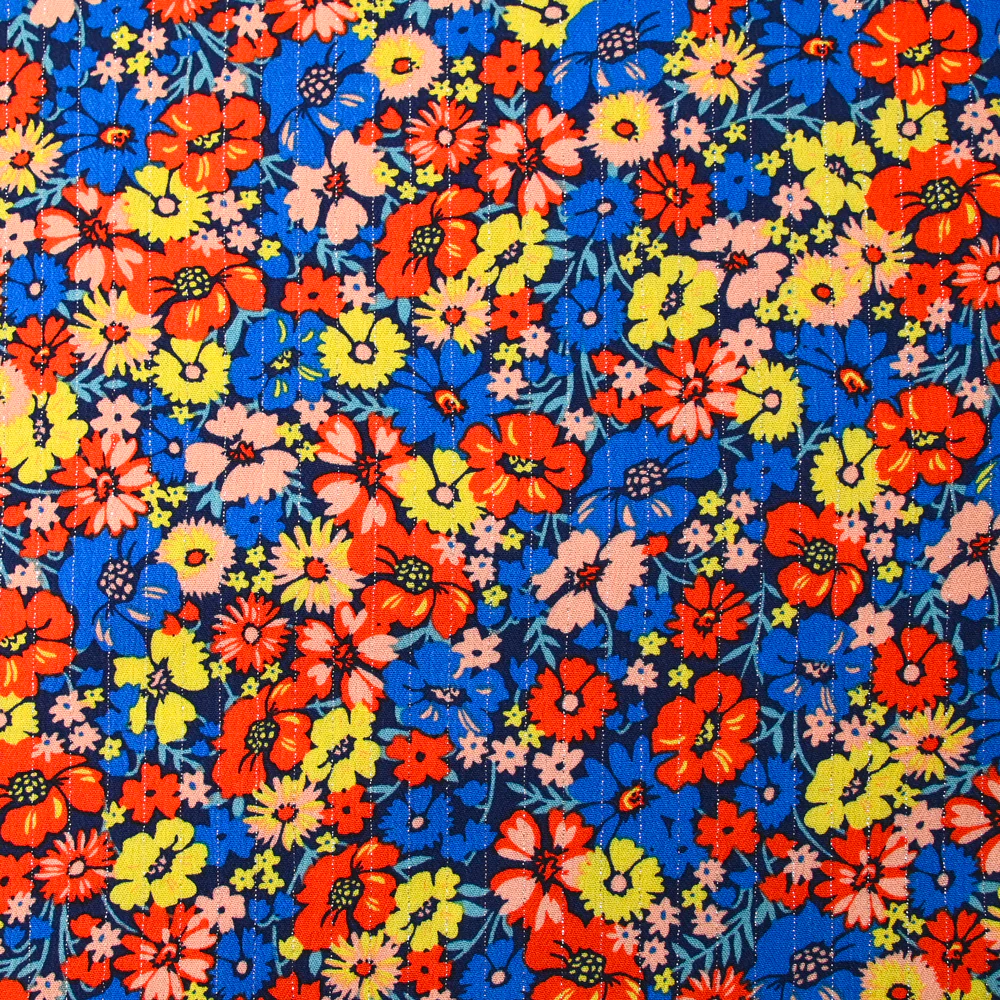 Crépon viscose rayé lurex argent Camellia bleu et rouge fond marine