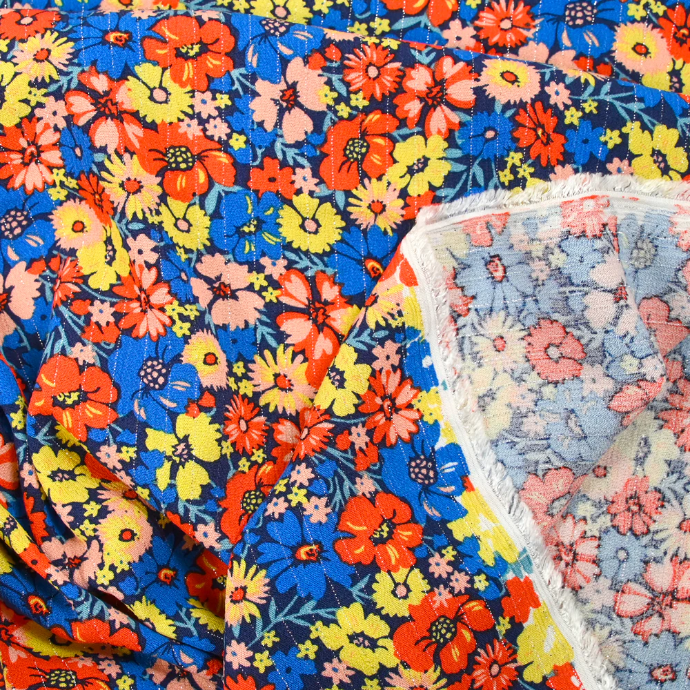 Crépon viscose rayé lurex argent Camellia bleu et rouge fond marine - Image 4