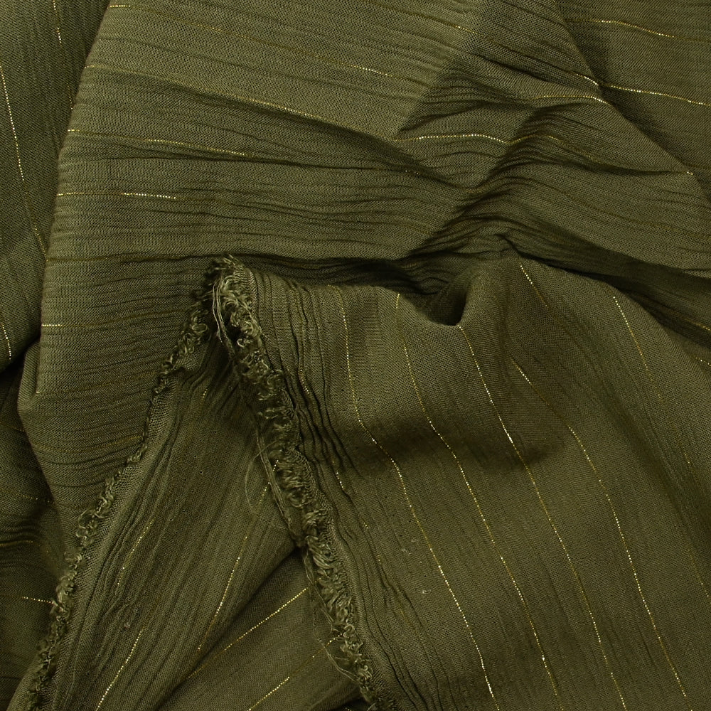 Crépon viscose rayé lurex doré fond kaki - Image 3