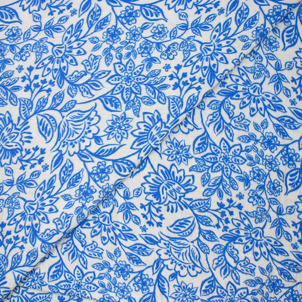 Double gaze imprimée fleurs bleue fond écru