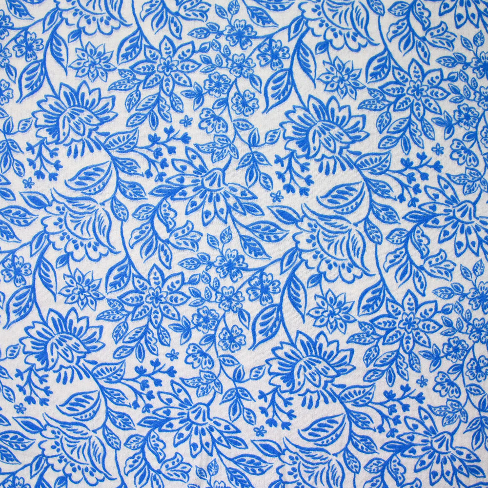 Double gaze imprimée fleurs bleue fond écru - Image 5