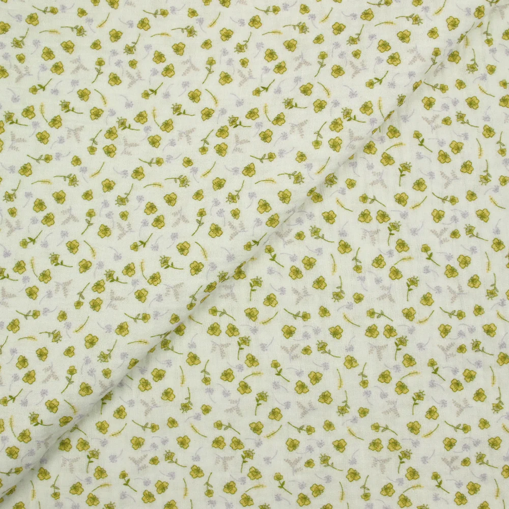 Double gaze imprimée fleurs Romy jaune fond blanc cassé