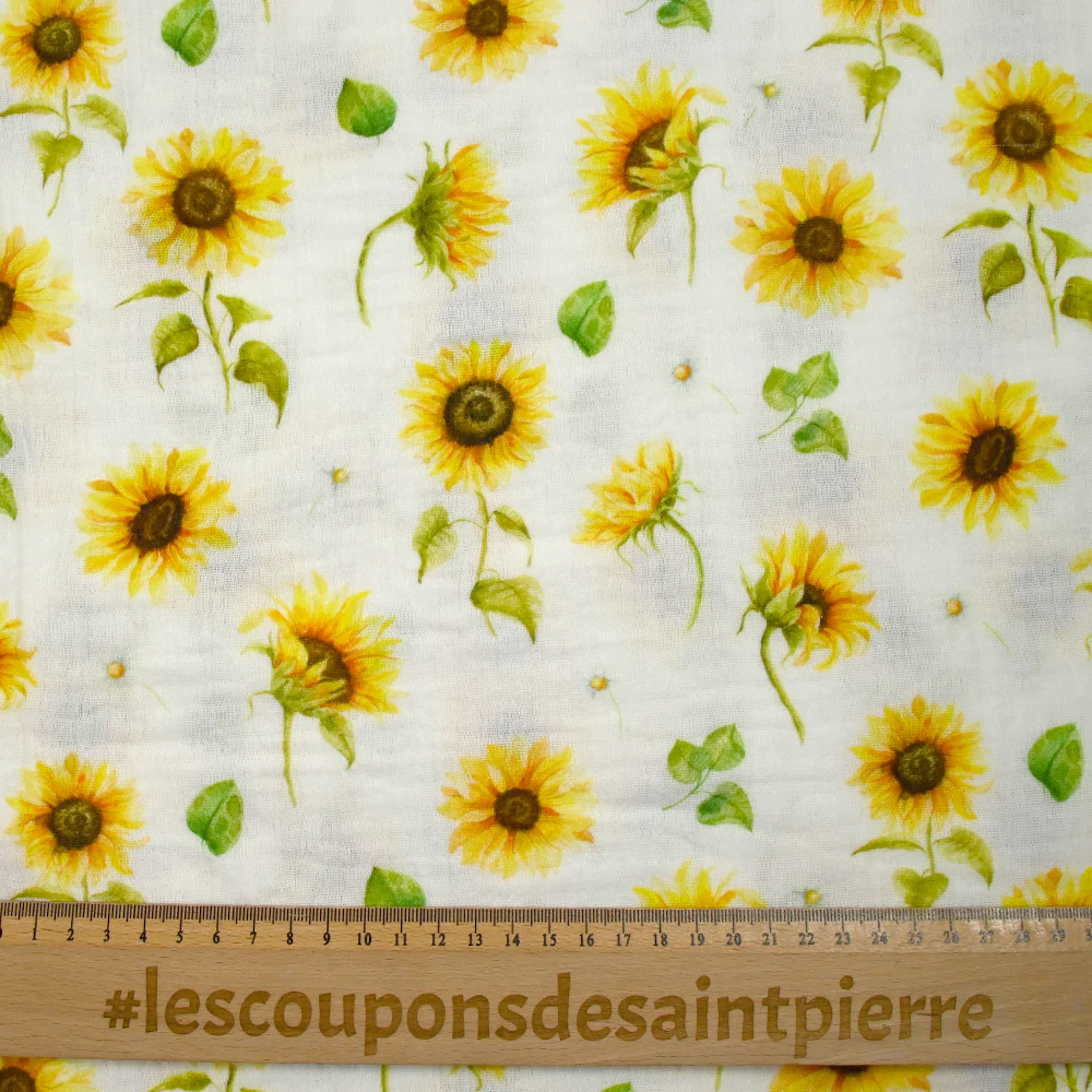 Double gaze imprimée tournesol fond blanc cassé - Image 3