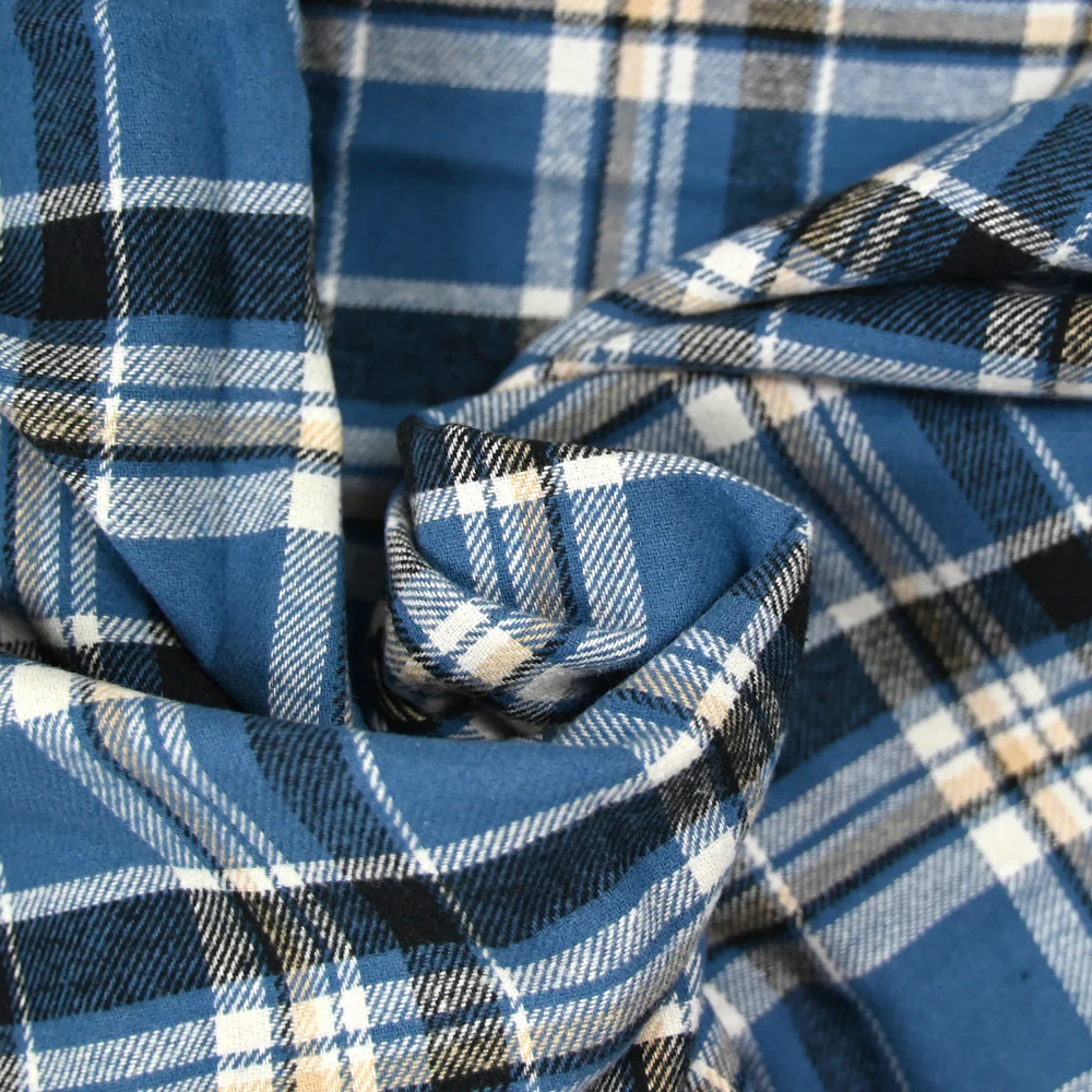 Flanelle de coton à carreaux Léon bleu acier et beige - Image 2