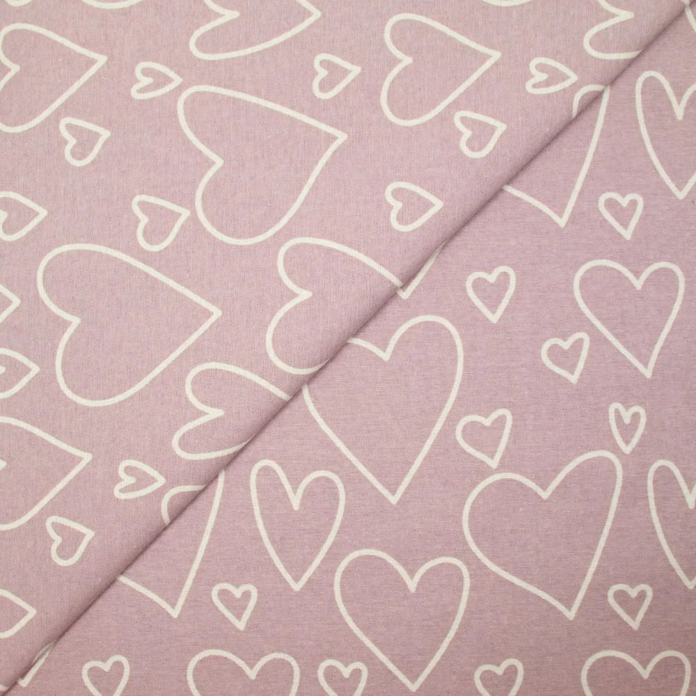 Flanelle imprimée cœurs fond mauve