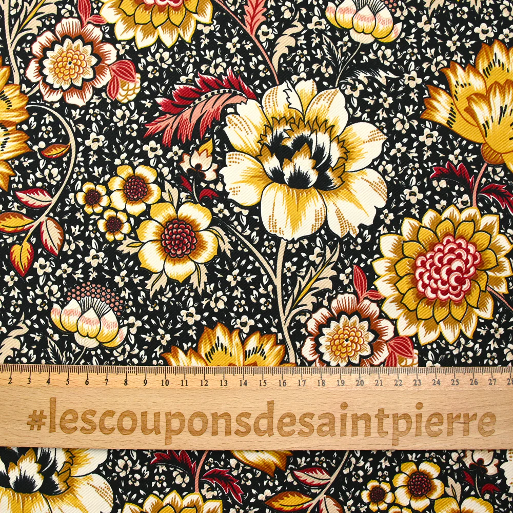 Gabardine de coton élasthanne fleurs ocre fond moutarde - Image 3