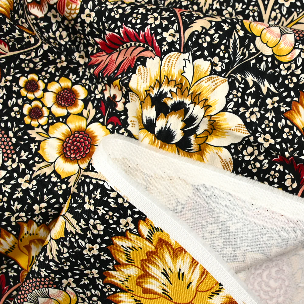 Gabardine de coton élasthanne fleurs ocre fond moutarde - Image 4