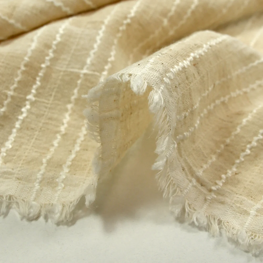 Gaze de coton et lin rayé ton sur ton écru naturel - Image 9