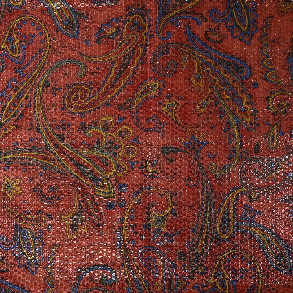 Jacquard polyester lamé cachemire jaune et bleu fond rouge clair - Image 4