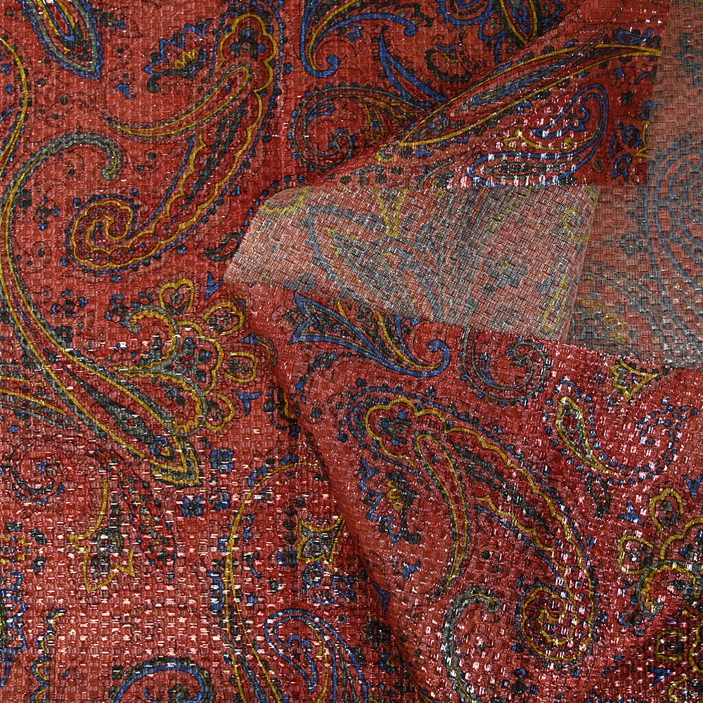 Jacquard polyester lamé cachemire jaune et bleu fond rouge clair - Image 5