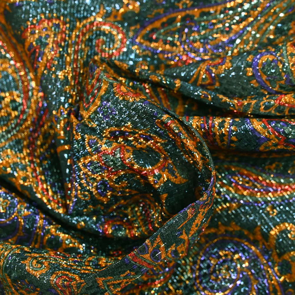 Jacquard polyester lamé cachemire orange et violet fond canard - Image 2