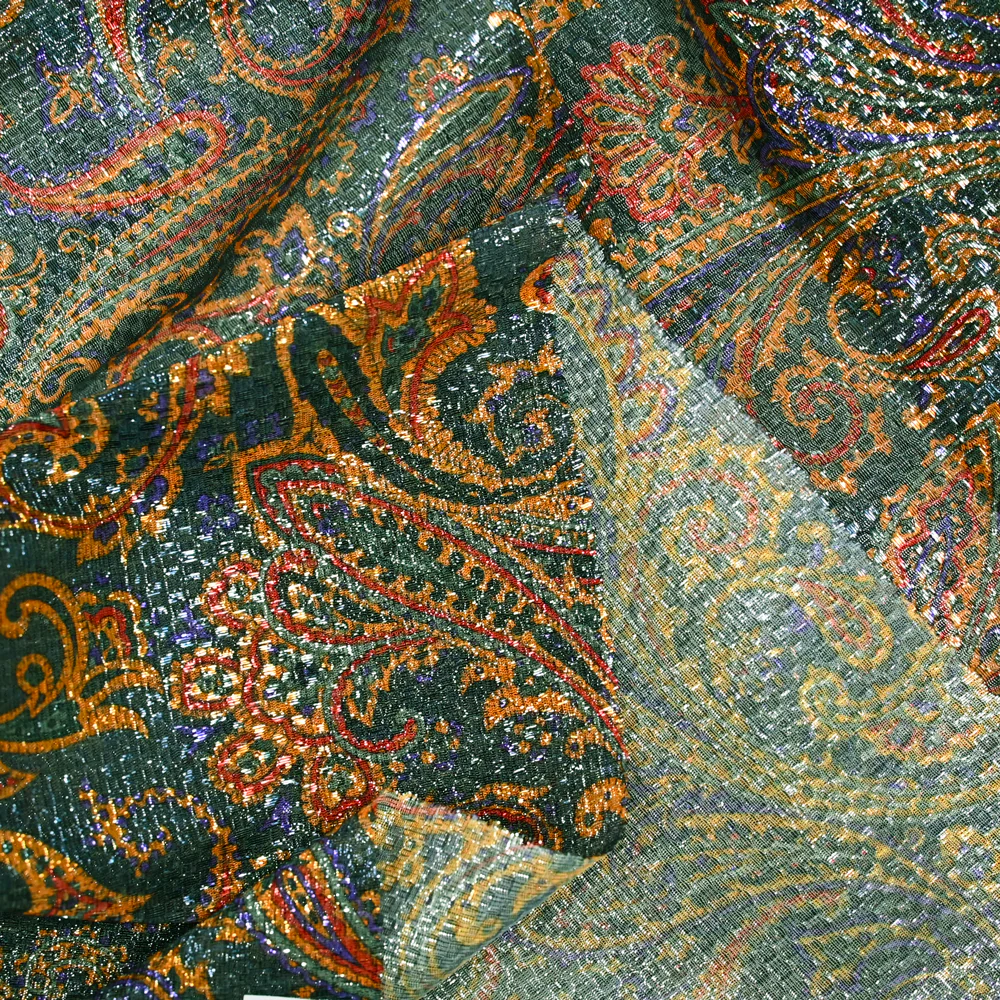 Jacquard polyester lamé cachemire orange et violet fond canard - Image 4