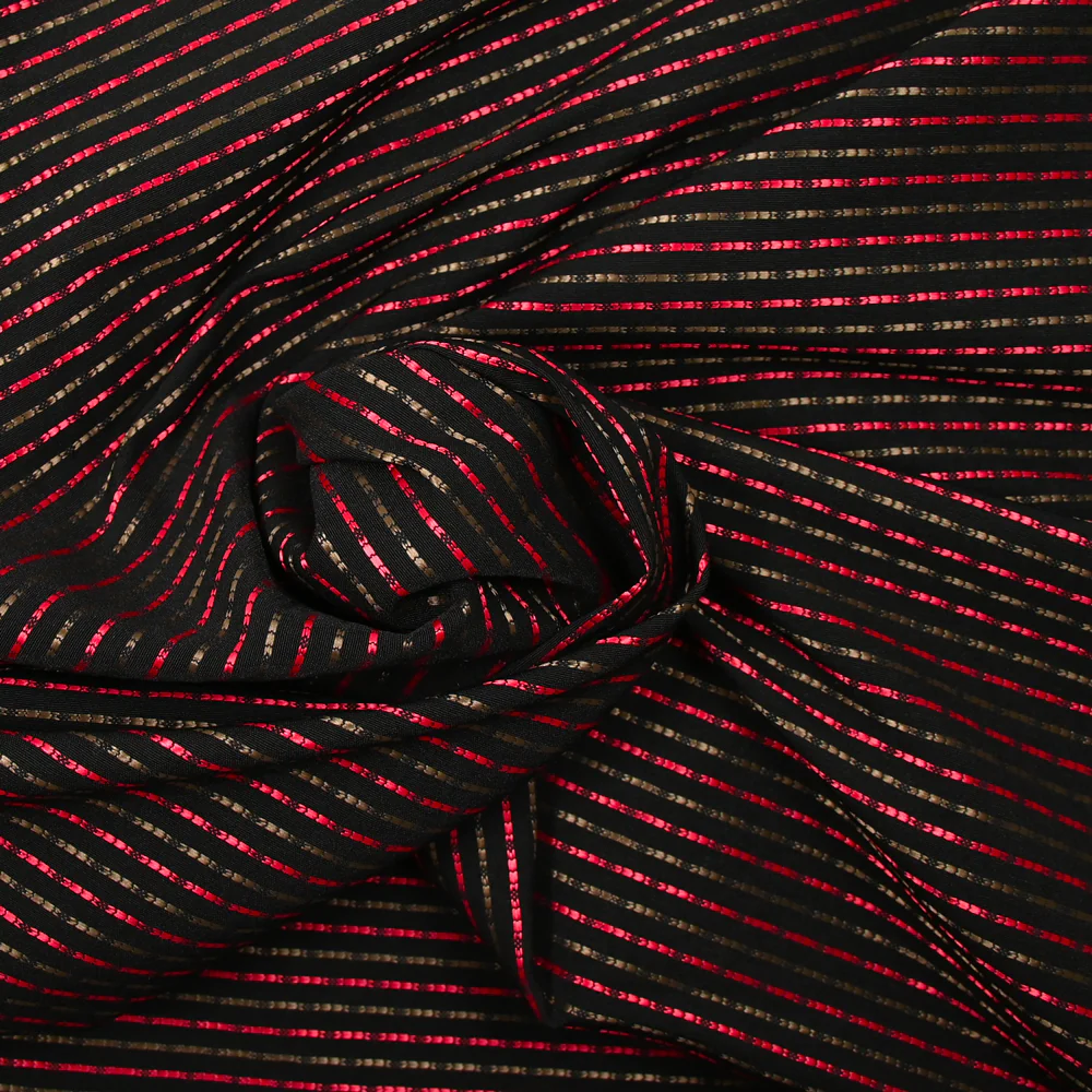 Jacquard polyviscose rayé rouge et kaki fond noir - Image 2